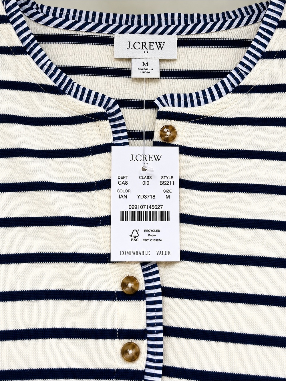 J. Crew Classic Striped Ruffle Henley Long Sleeve Top - NWT - Picture 2 of 6